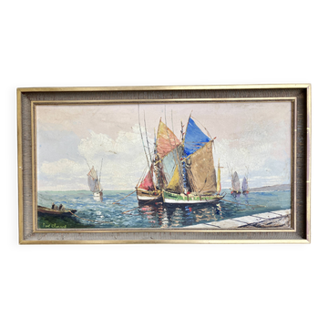 Large old painting: The fishing boats at anchor
