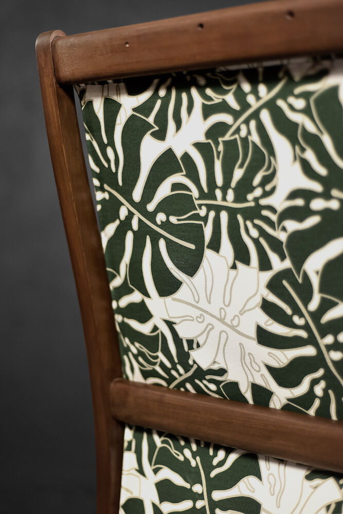 Vintage Mid-Century Danish Modern Rocking Chair in Wood and Monstera Leaf Pattern Fabric, 1960s