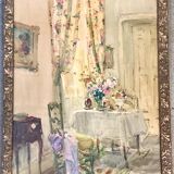 Tableau ancien - Salon fleuri d'une maison bourgeoise
