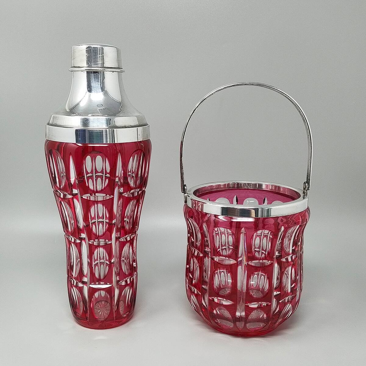 1960s Gorgeous Red Bohemian Cut Crystal Glass Cocktail Shaker With Ice Buck