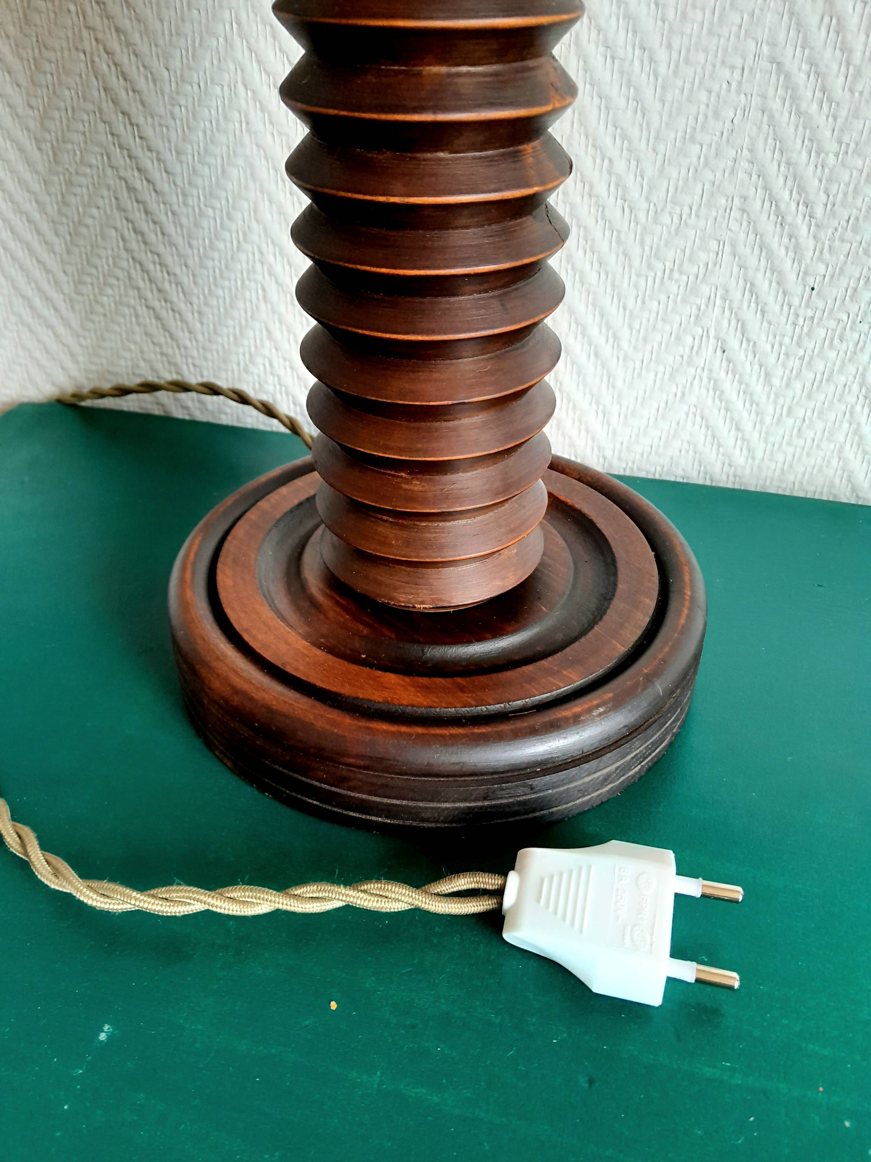 Wooden lamp with striped lampshade