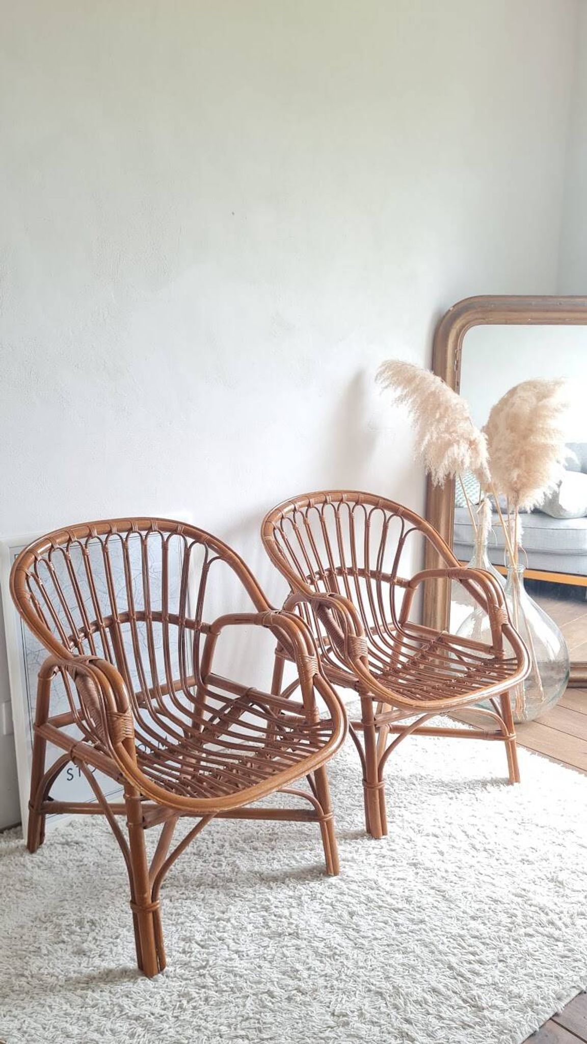Paire de fauteuils en rotin vintage circa années 70
