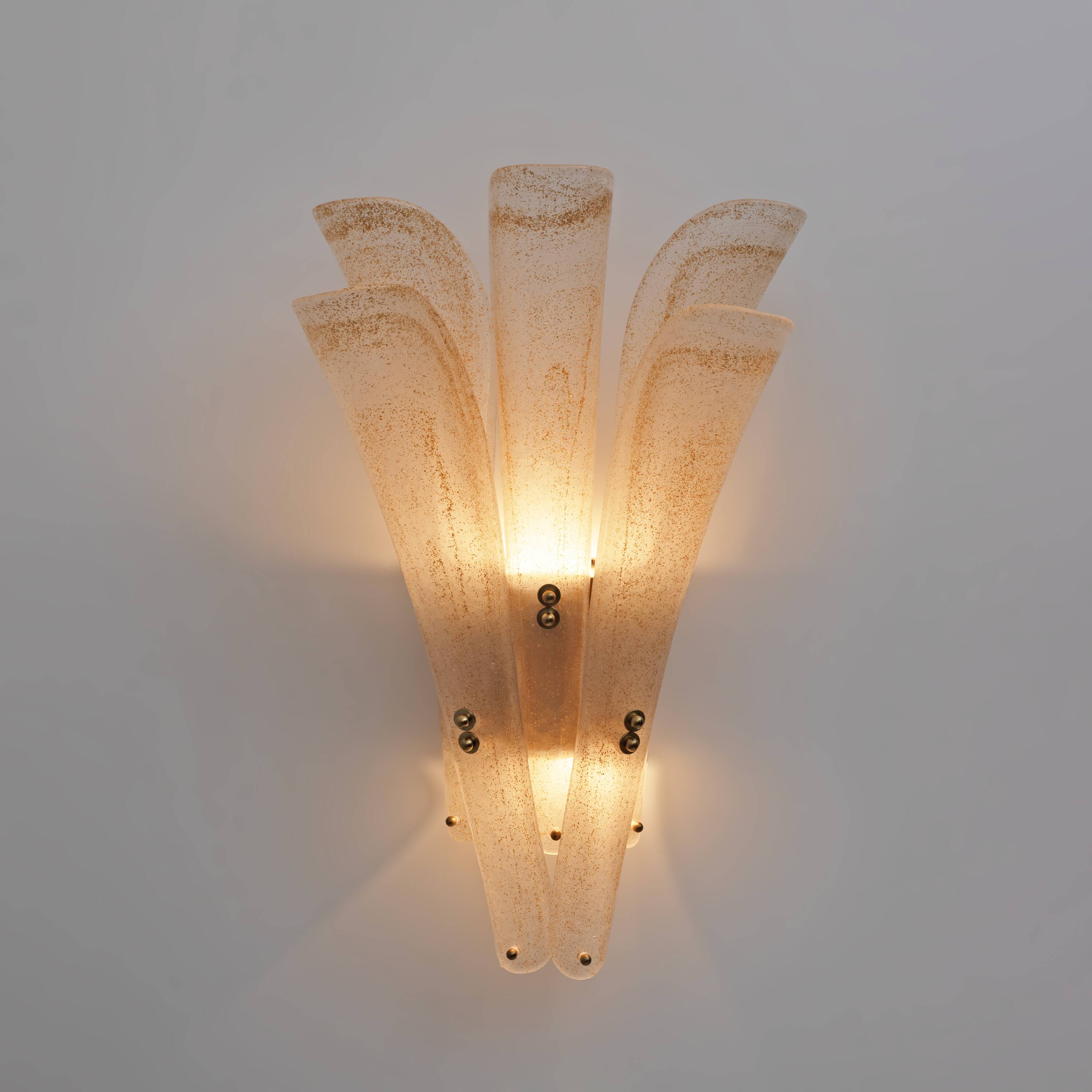 Pair of 20th Century Modern Sconces in Frosted Murano glass and Gold Leaf