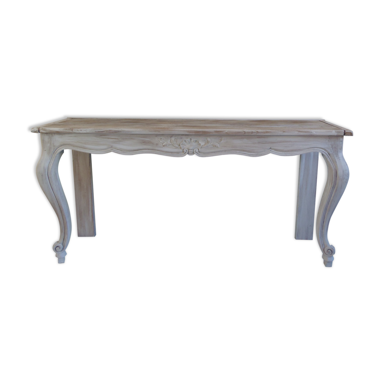 Louis XV style console in pearl gray patinated oak, patinated inlaid top.