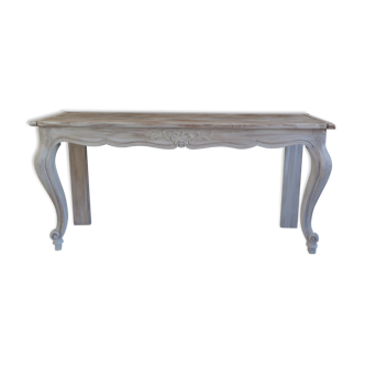 Louis XV style console in pearl gray patinated oak, patinated inlaid top.
