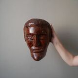 Wooden sculpture ethnic man's head handcrafted tribal decorative object workshop
