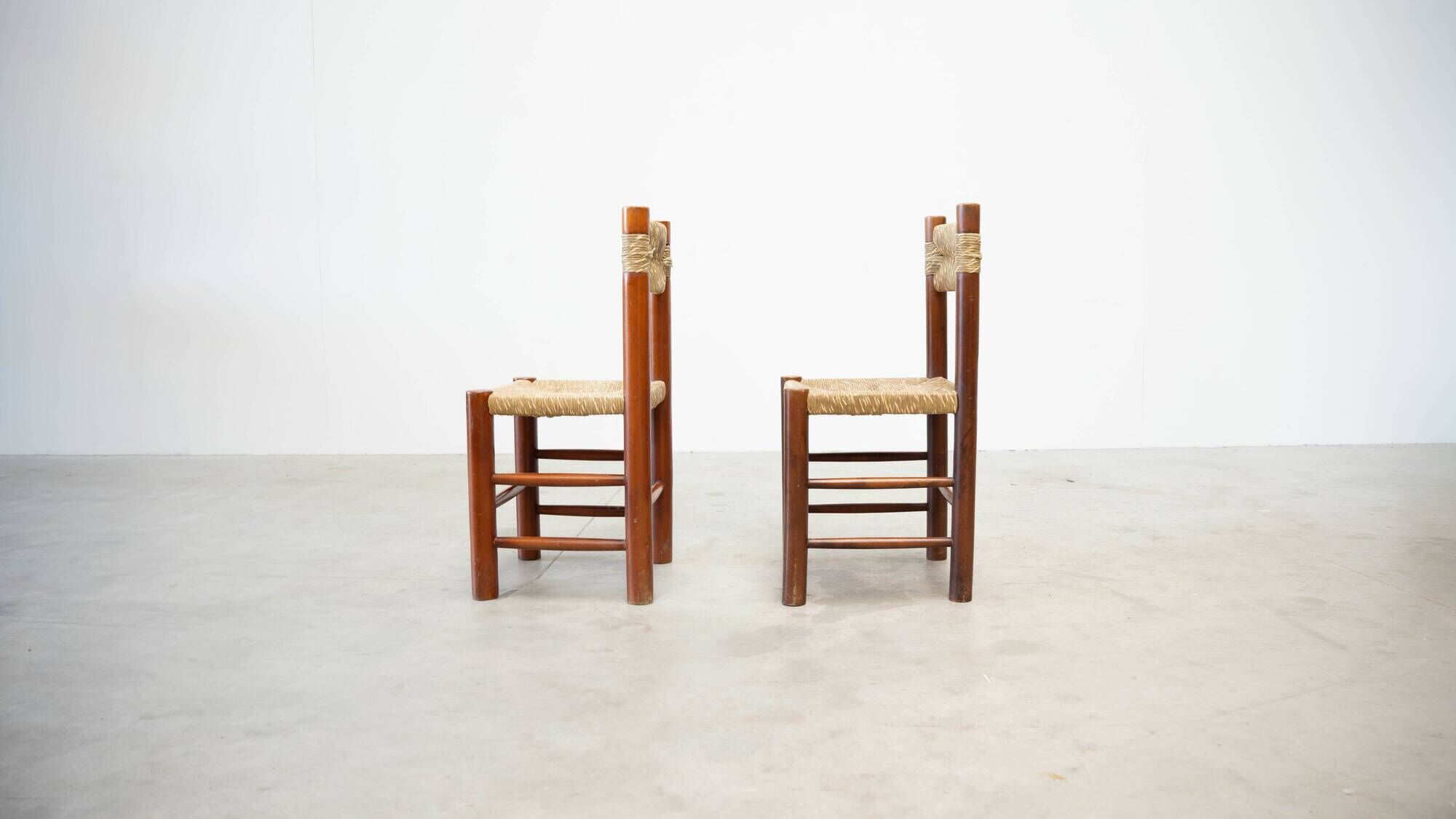 Set of six rattan and oak French dining chairs