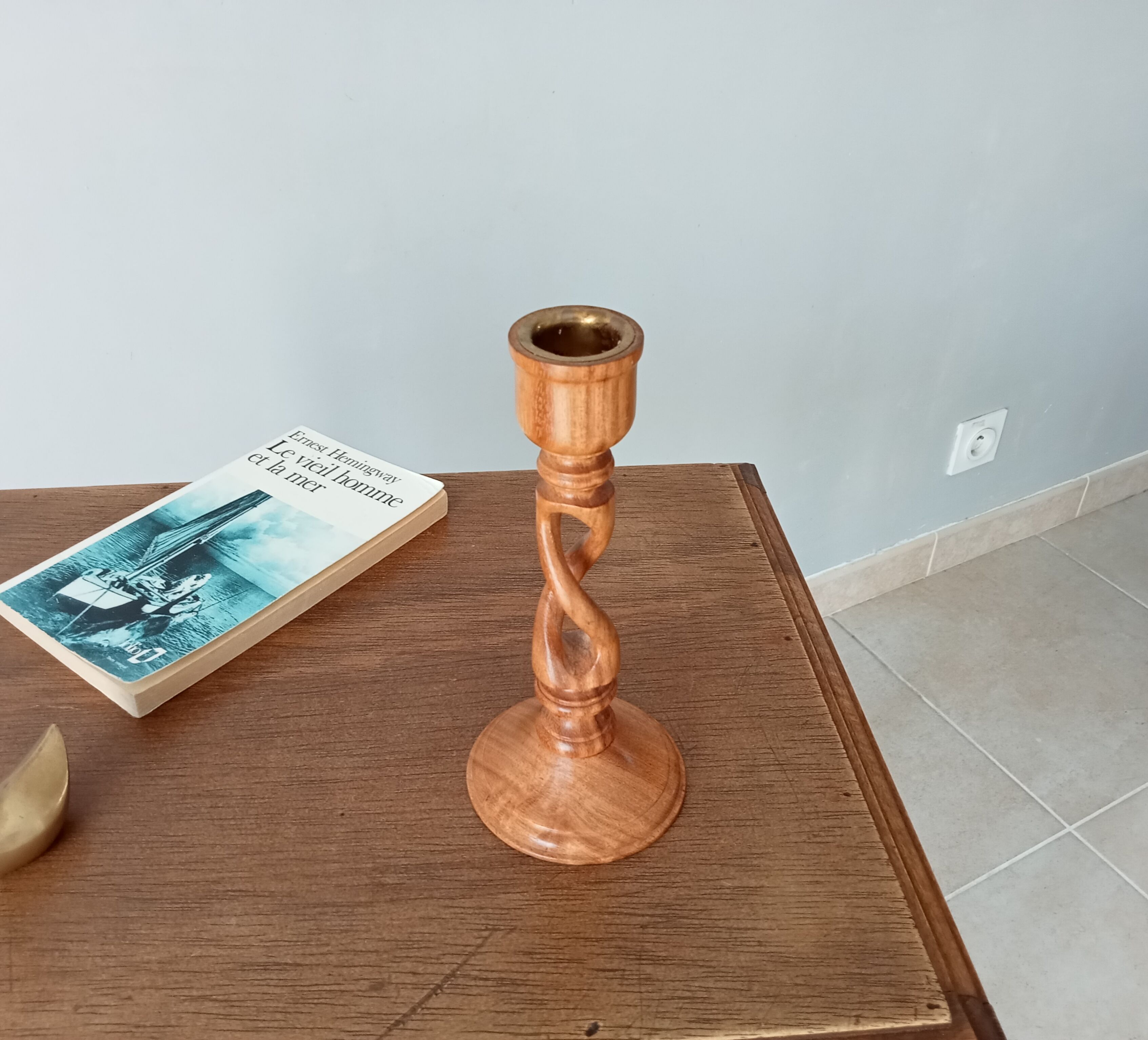 Vintage candle holder in carved wood