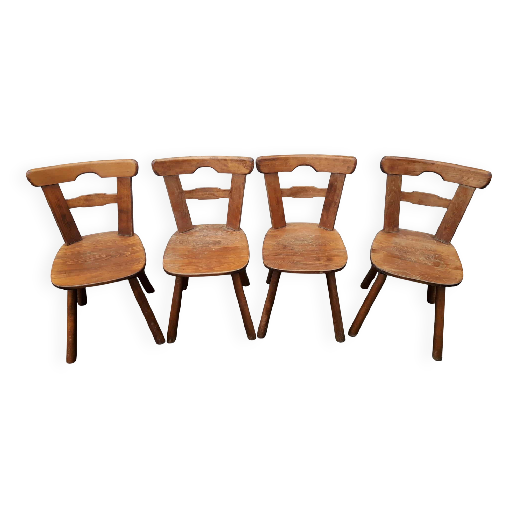 Set of 4 antique Tilburg solid wood brutalist chairs