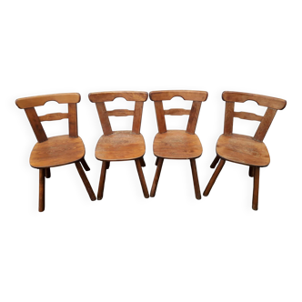 Set of 4 antique Tilburg solid wood brutalist chairs
