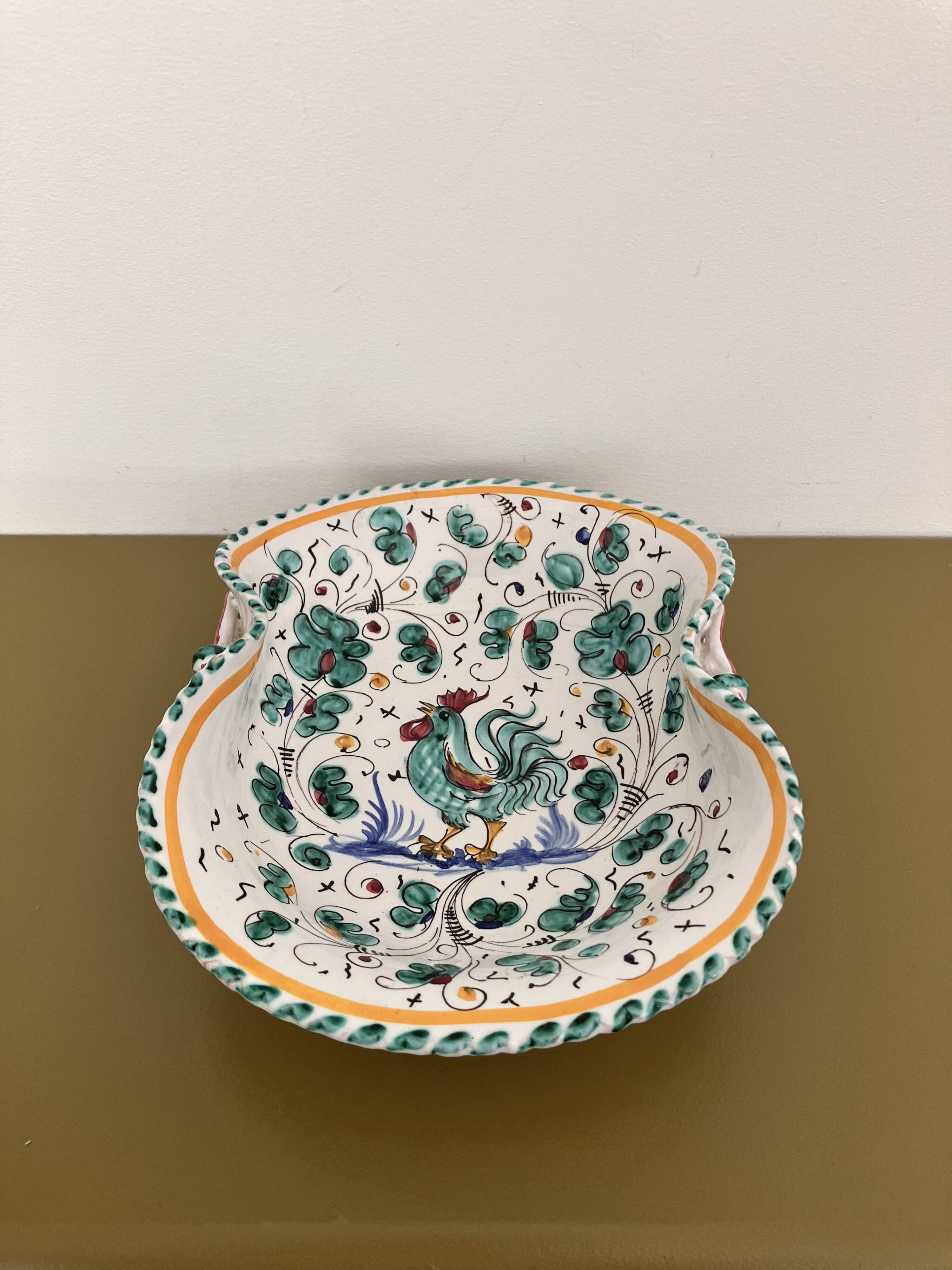 Dish, antique Italian Orvieto Deruta fruit bowl with rooster decoration