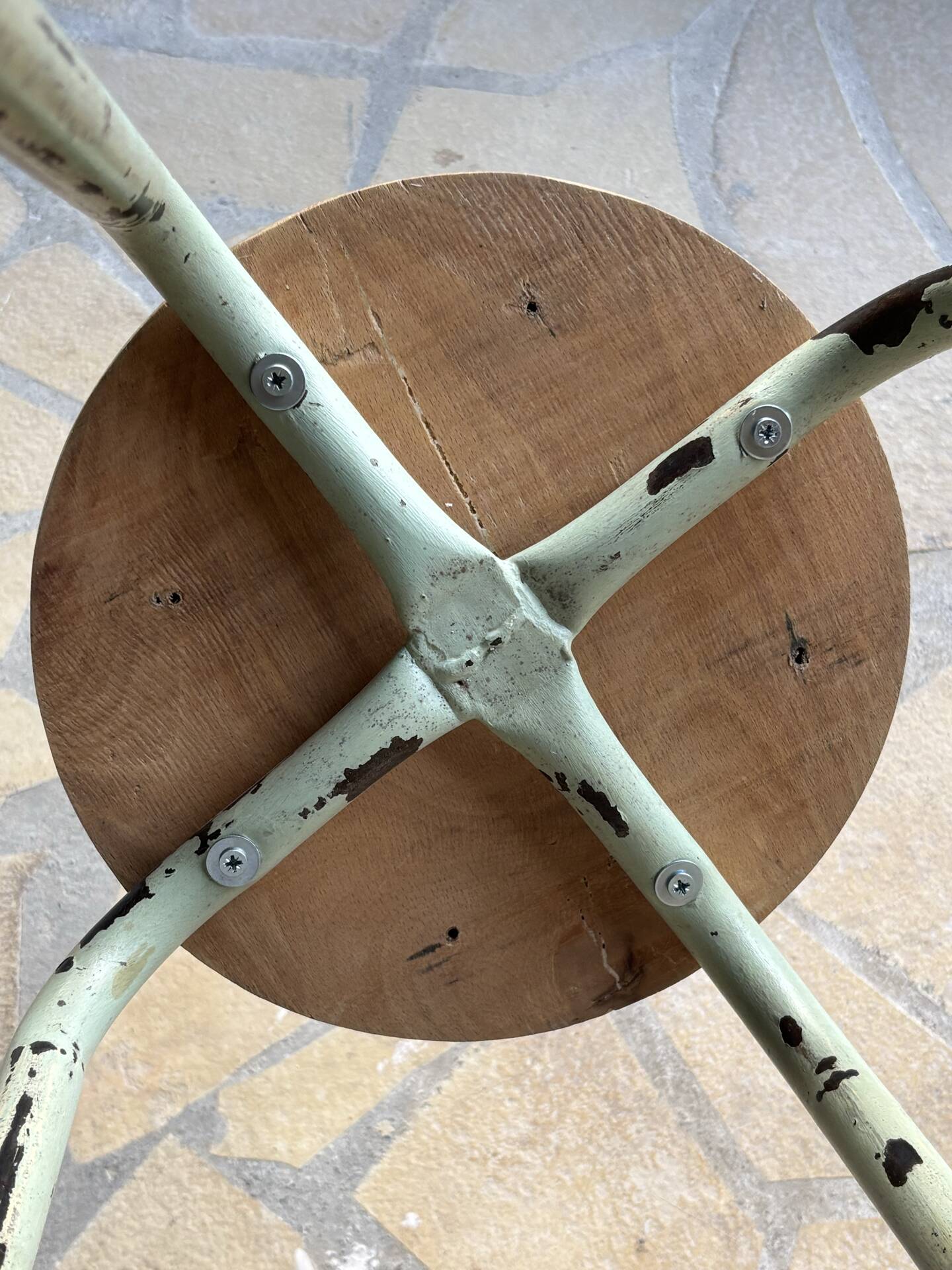 Vintage metal and beech school stool - restored