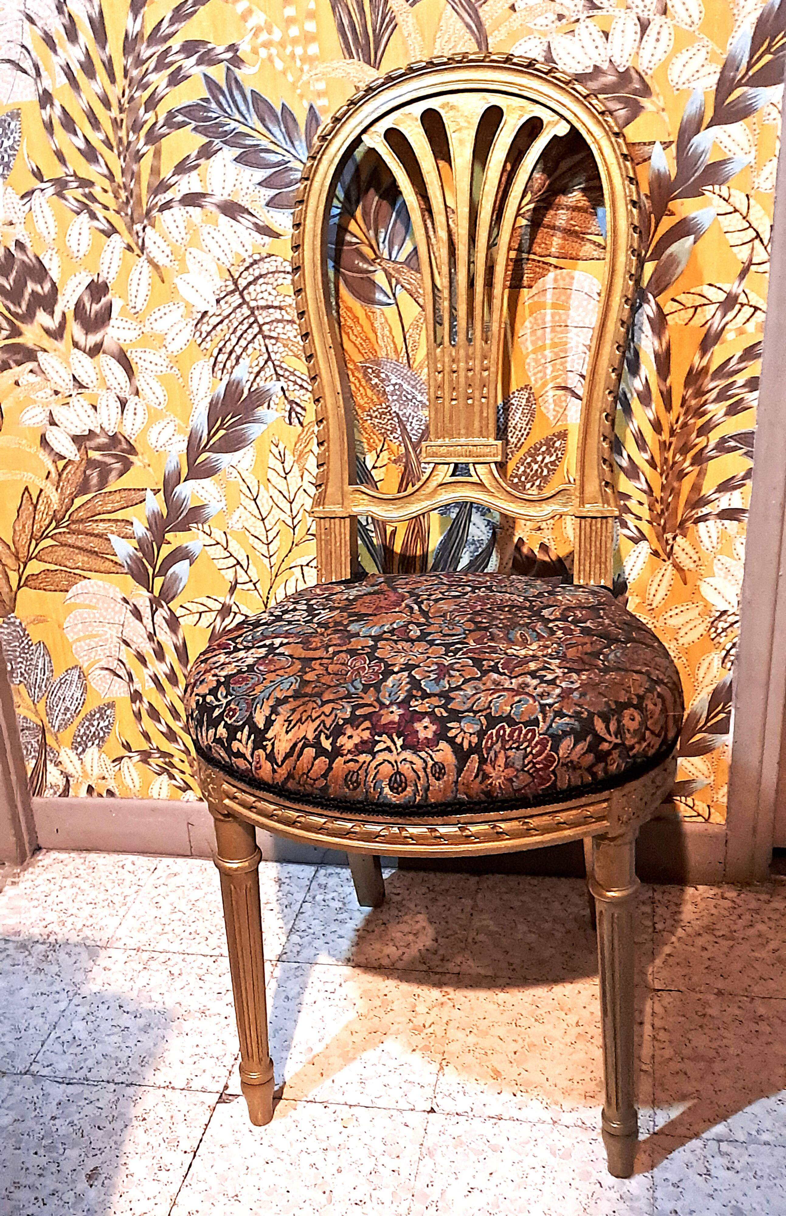 Napoleon III chairs, gilded wood, upholstered in damask fabric