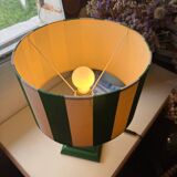 Pair of wooden bedside lamps with striped lampshades