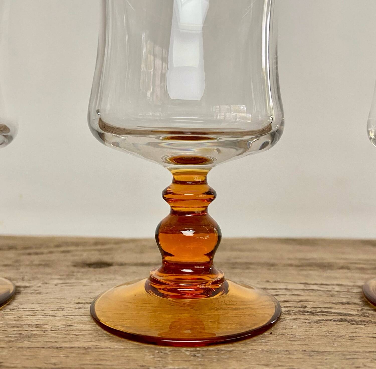 6 small vintage amber stemmed glasses