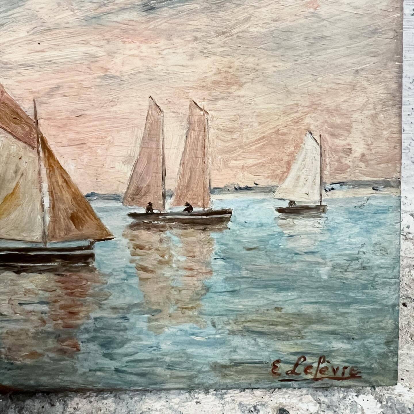 Old marine painting seaside mill Brittany