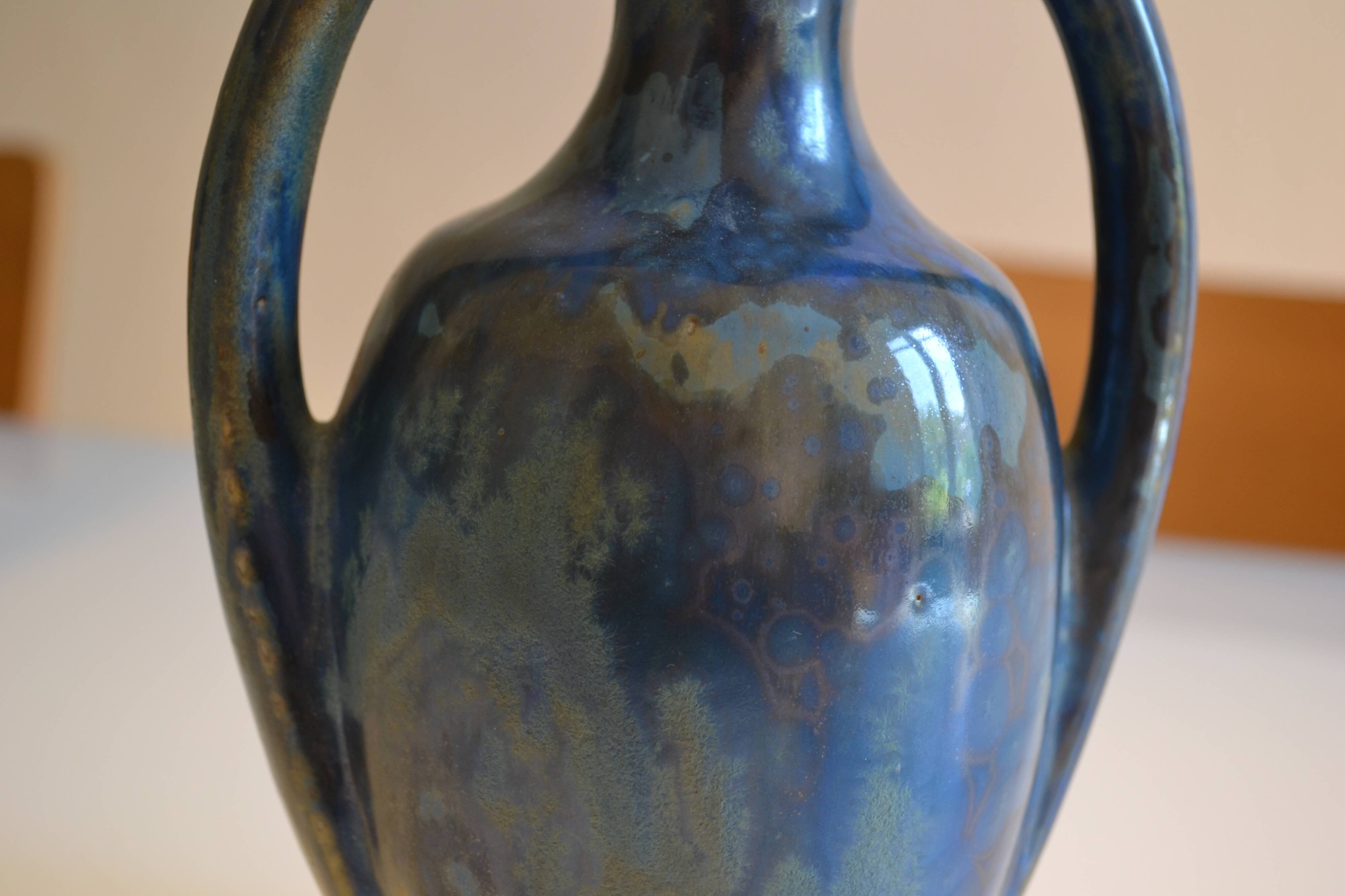 Iridescent Pierrefonds stoneware amphora vase, Art Deco, 1930, signed