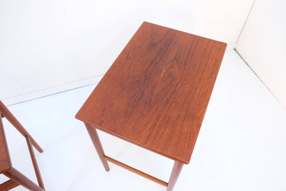 Mid-century side tables and nesting tables, in Wegner Tuck teak, Danish style.