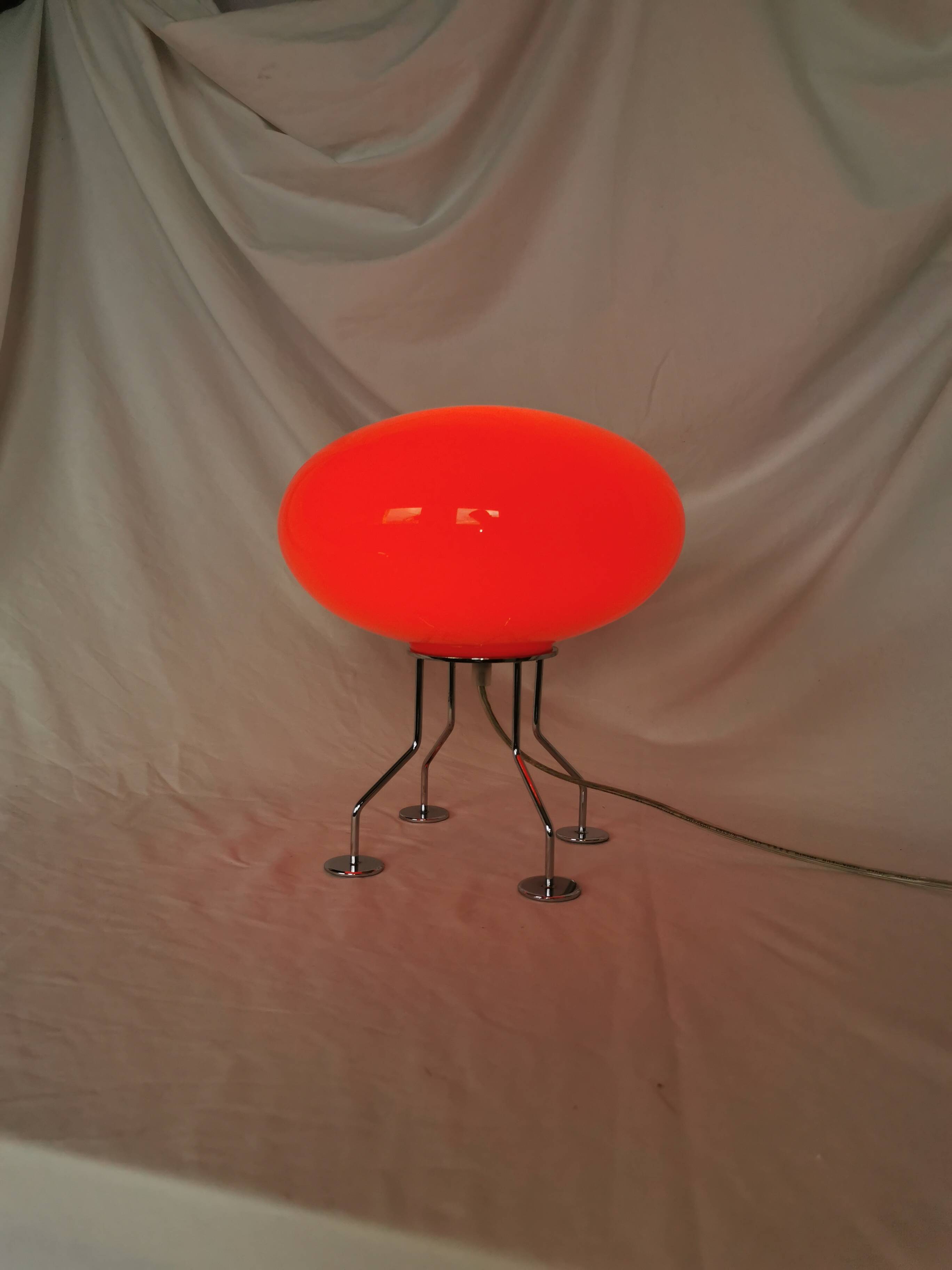 Red ufo mushroom lamp, space age, opaline and chrome steel.