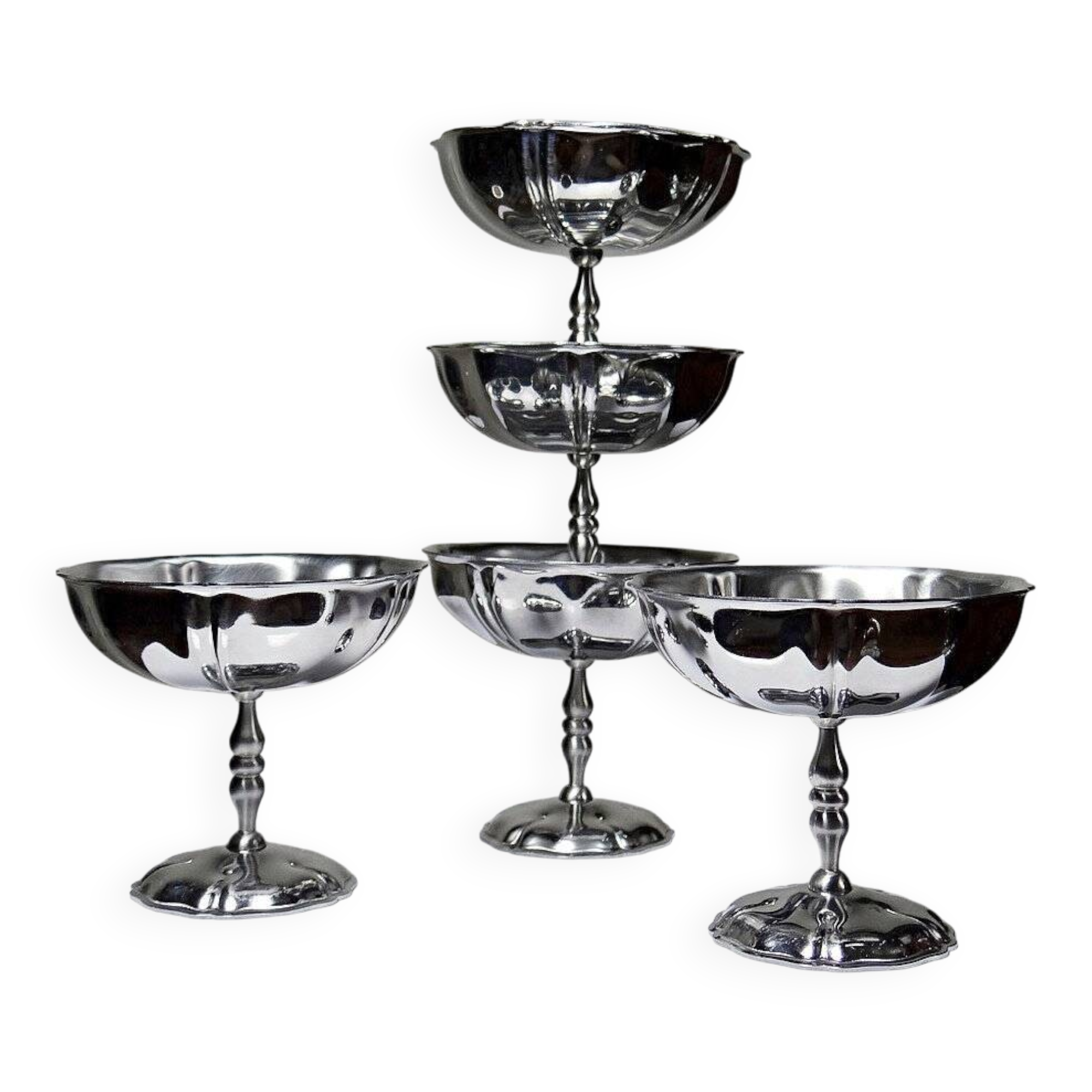 5 vintage-style bistro-style stainless steel dessert bowls on feet