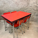 4 red Formica chairs with a 1970s table