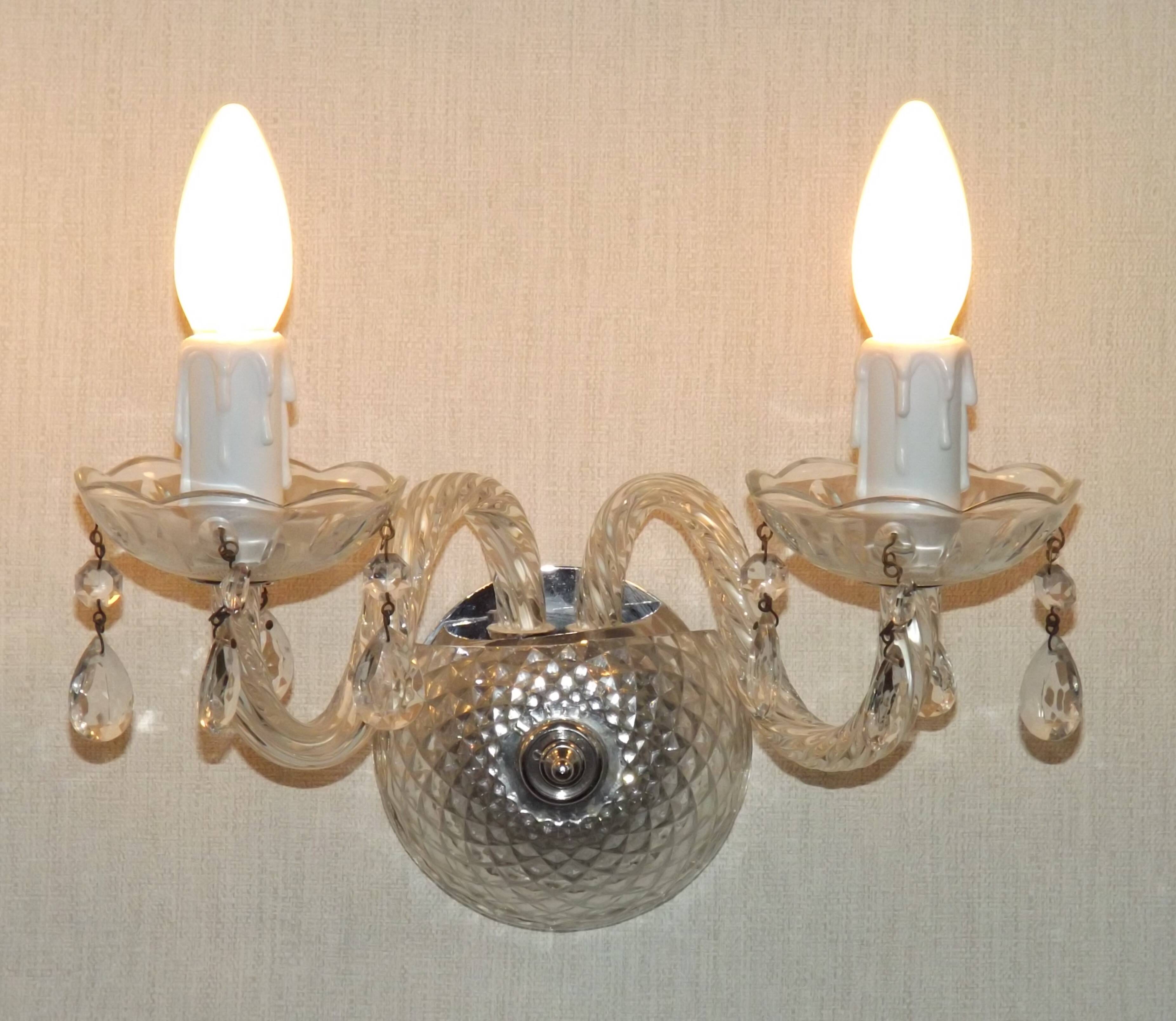 Pair of French vintage double crystal wall lights with barley twist glass arms.
