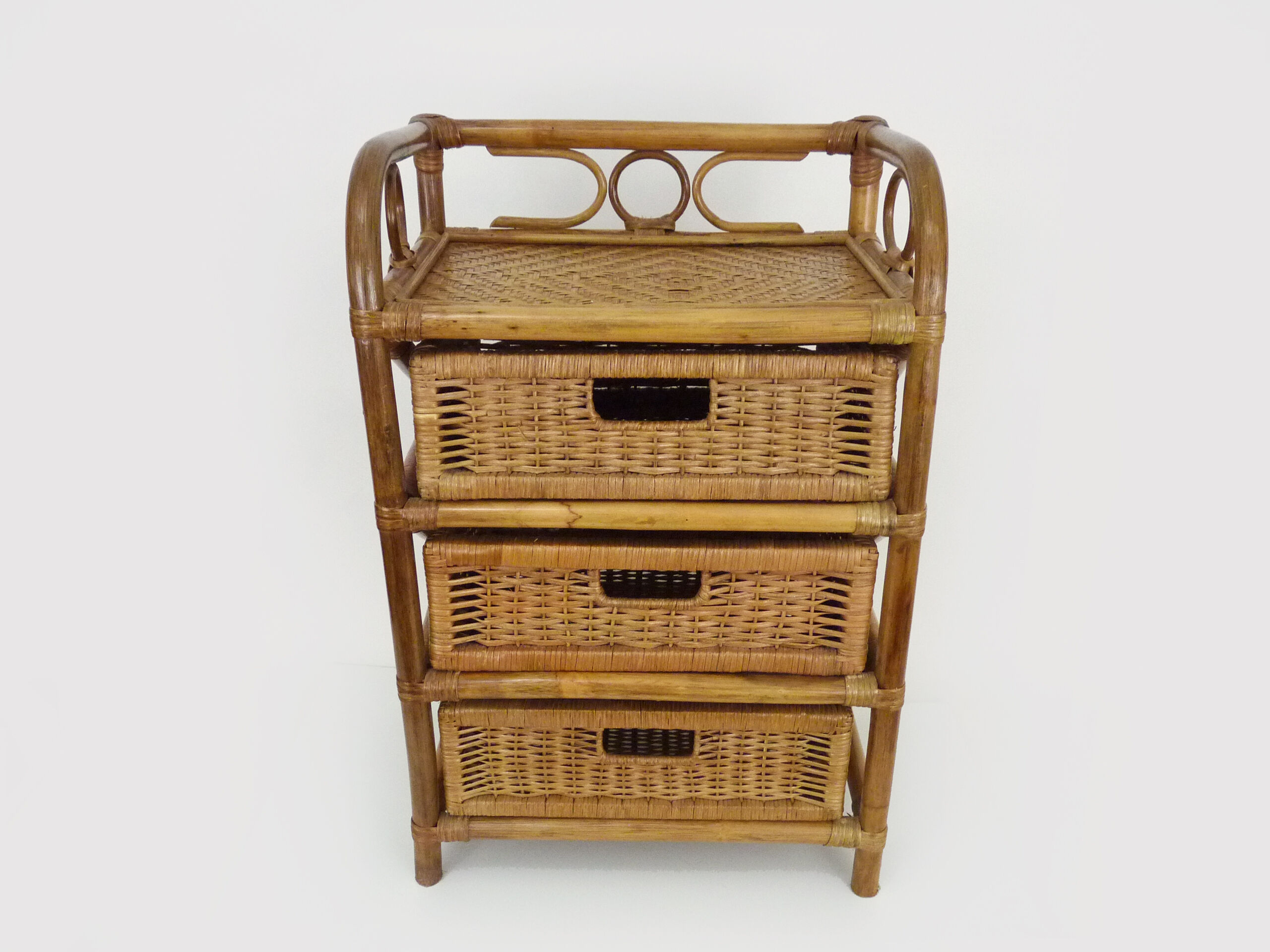Vintage wicker rattan storage cabinet with 3 drawers