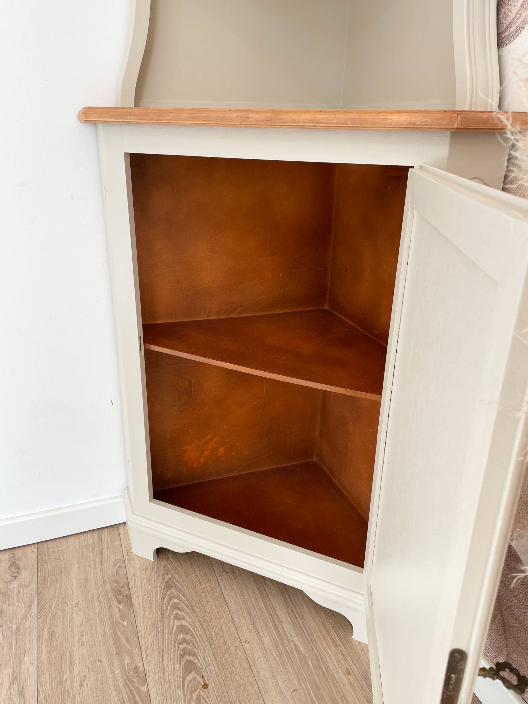 Corner unit in 2 parts, grey/beige and cane work.