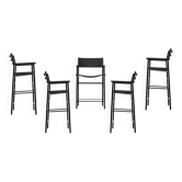 Set of 5 handcrafted bar stools with black leather backrest and black rubber metal.