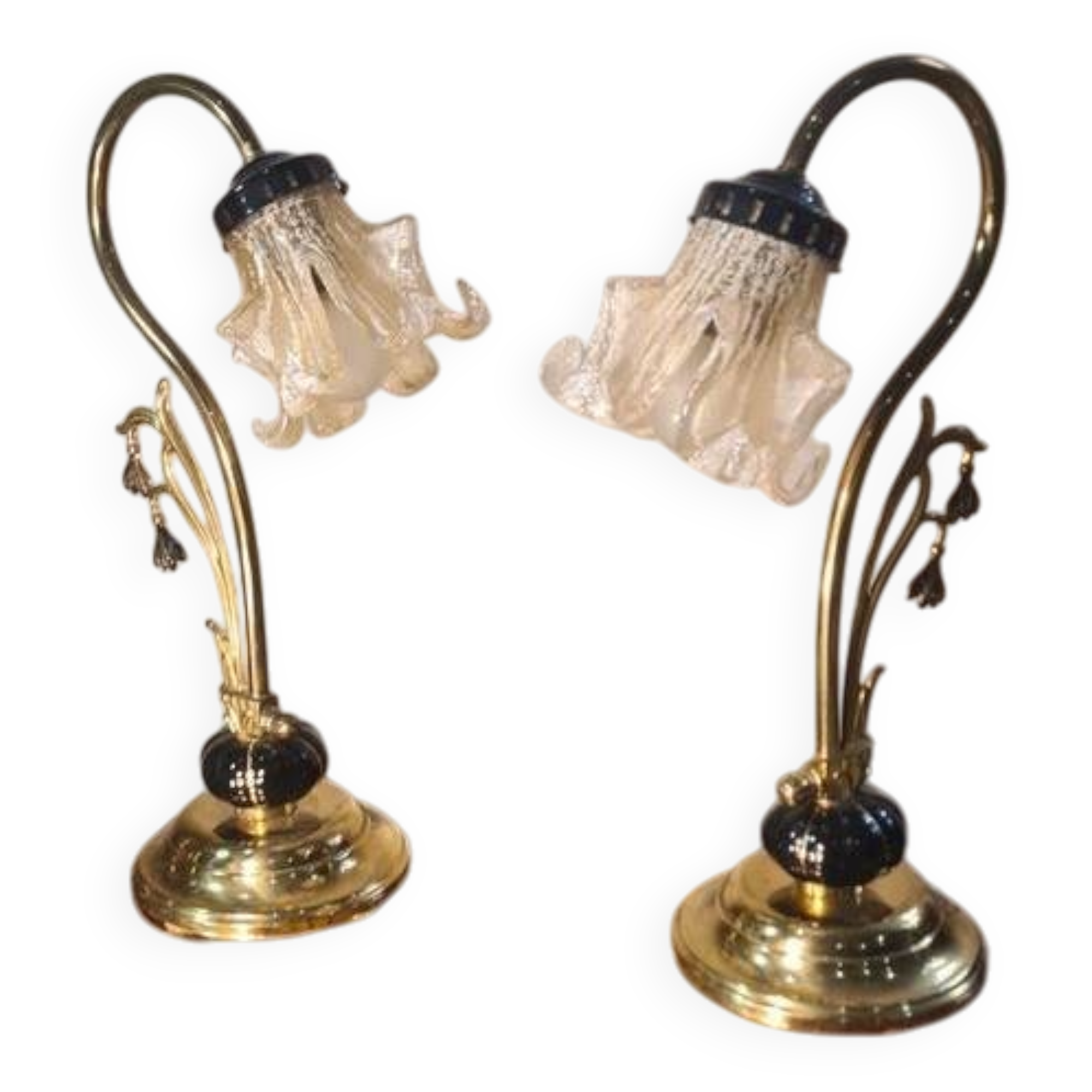 Pair of ceramic and brass lamps in art nouveau style