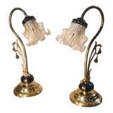 Pair of ceramic and brass lamps in art nouveau style