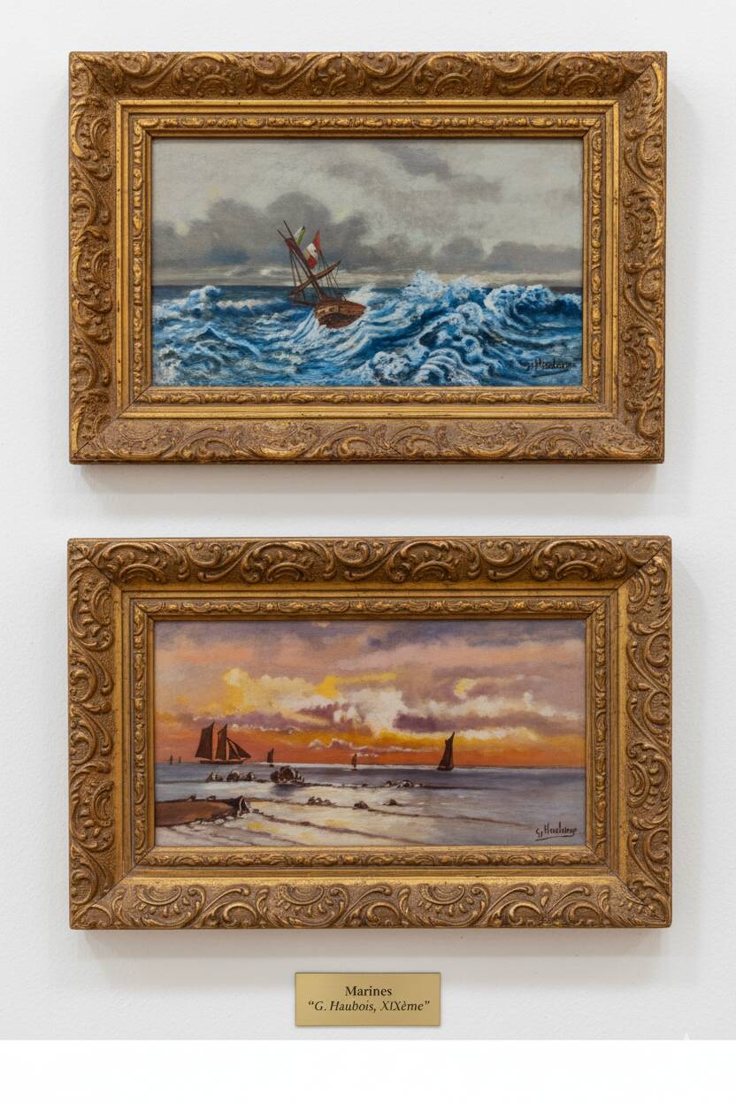 Lot of 2 old marine paintings on wood signed G. Haubois - Gilded frame