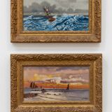 Lot of 2 old marine paintings on wood signed G. Haubois - Gilded frame