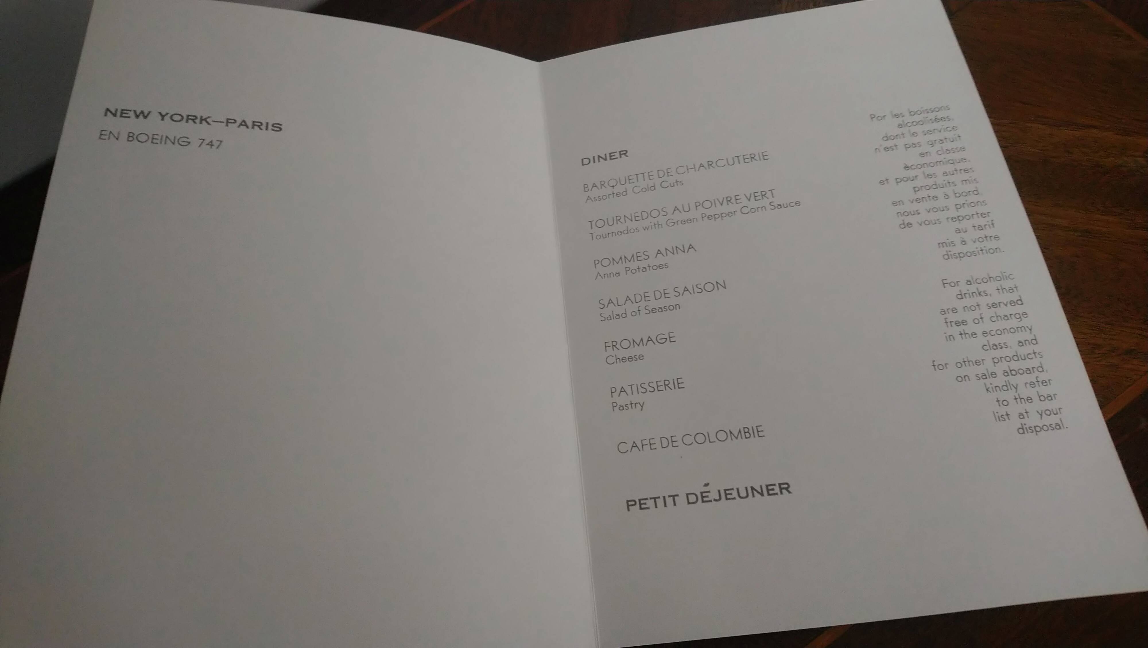 Air France Boeing 747 Menus