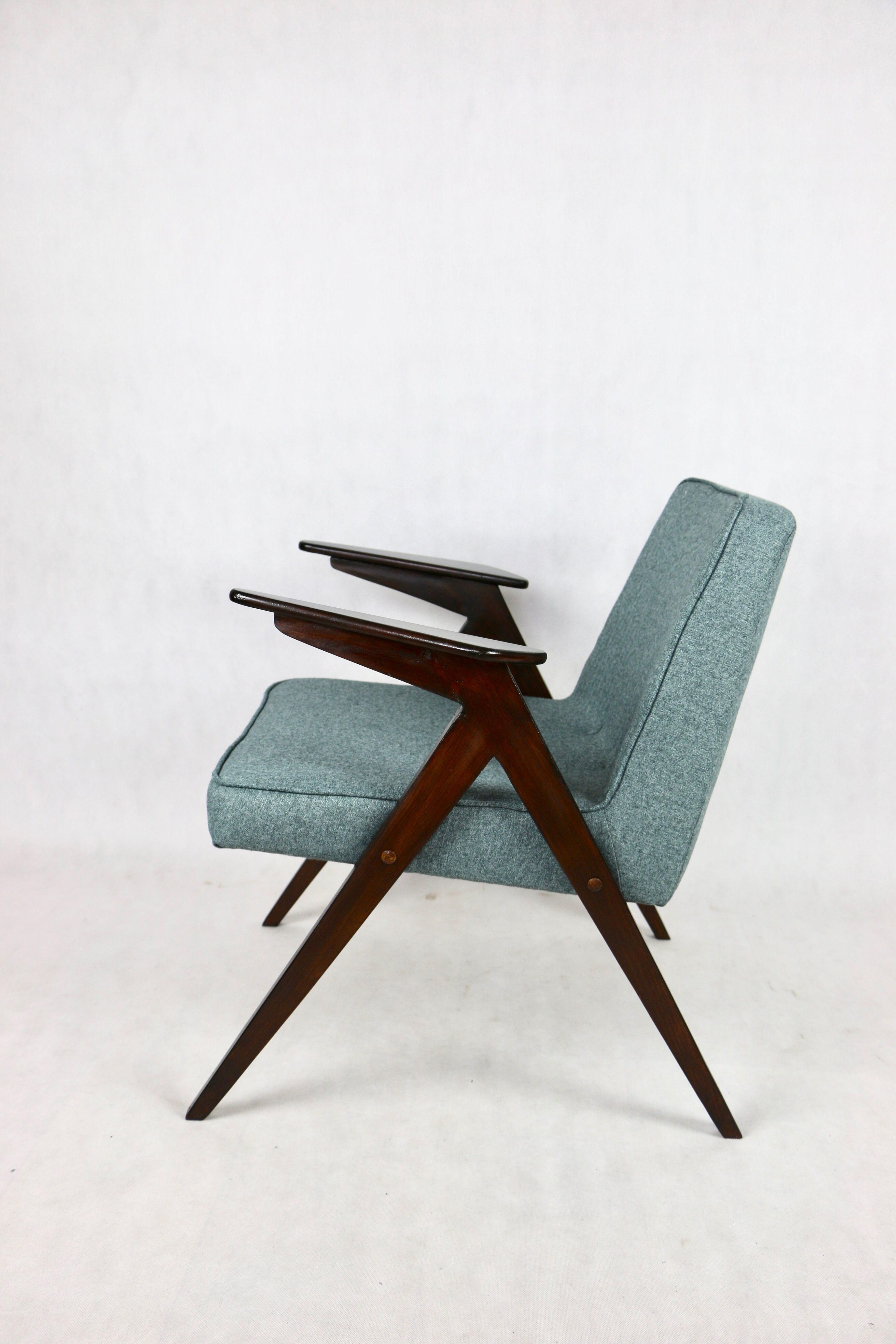 Bunny armchair in blue tweed by Józef Chierowski, 1970s