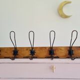Antique wooden wall coat rack with metal hooks L200
