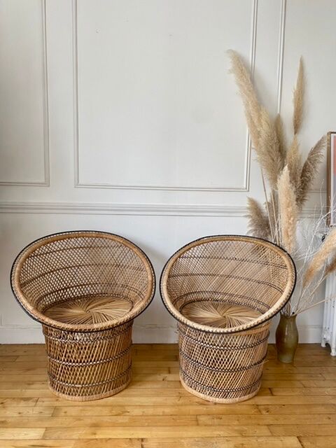 Duo of Emmanuelle armchairs in wicker