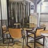 Pascal mourgue rare set de 3 fauteuils traîneaux cannés bois laqué  pour triconfort vintage 80's