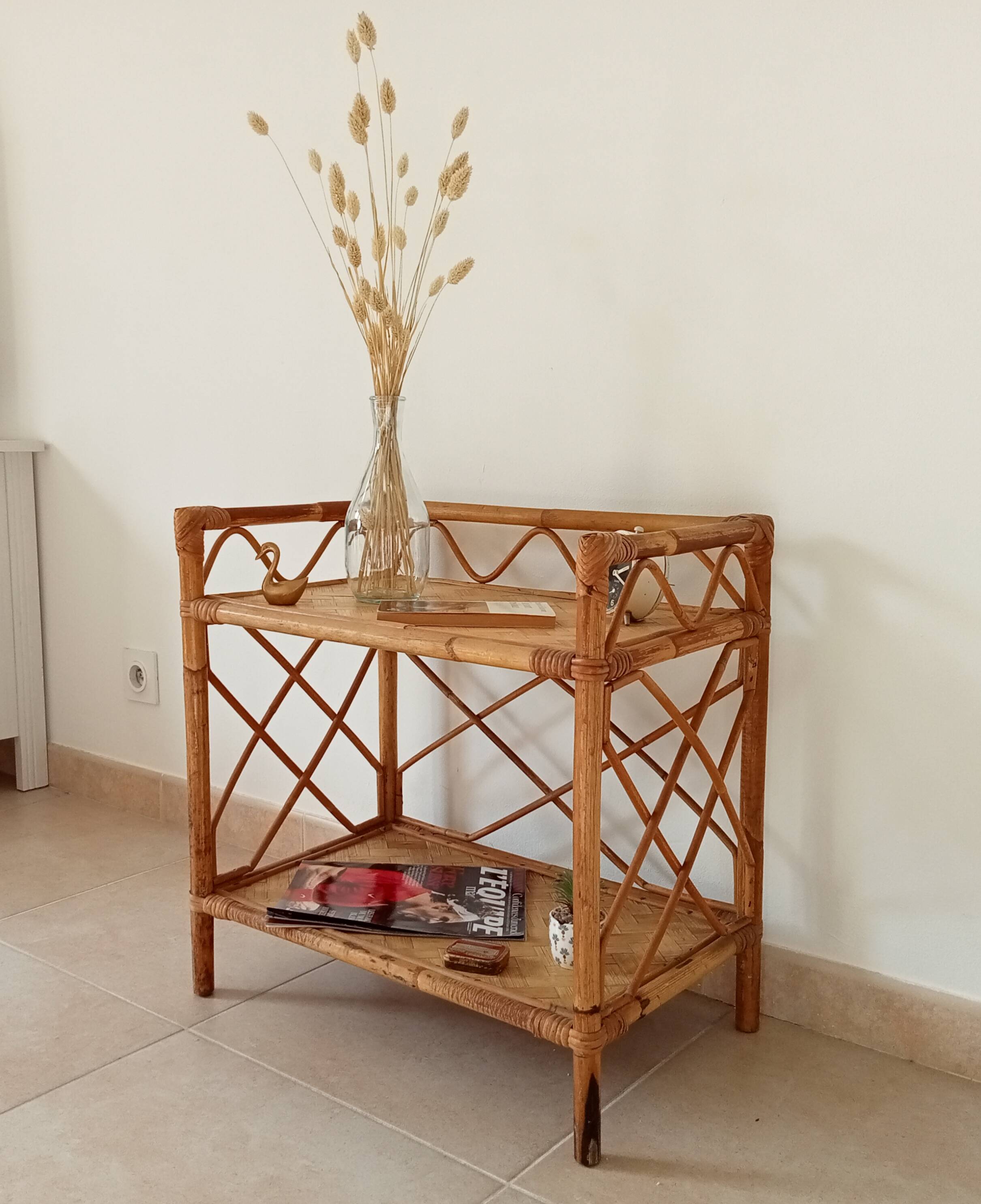 Bamboo and rattan shelf side table by Audoux and Minnet 1950s