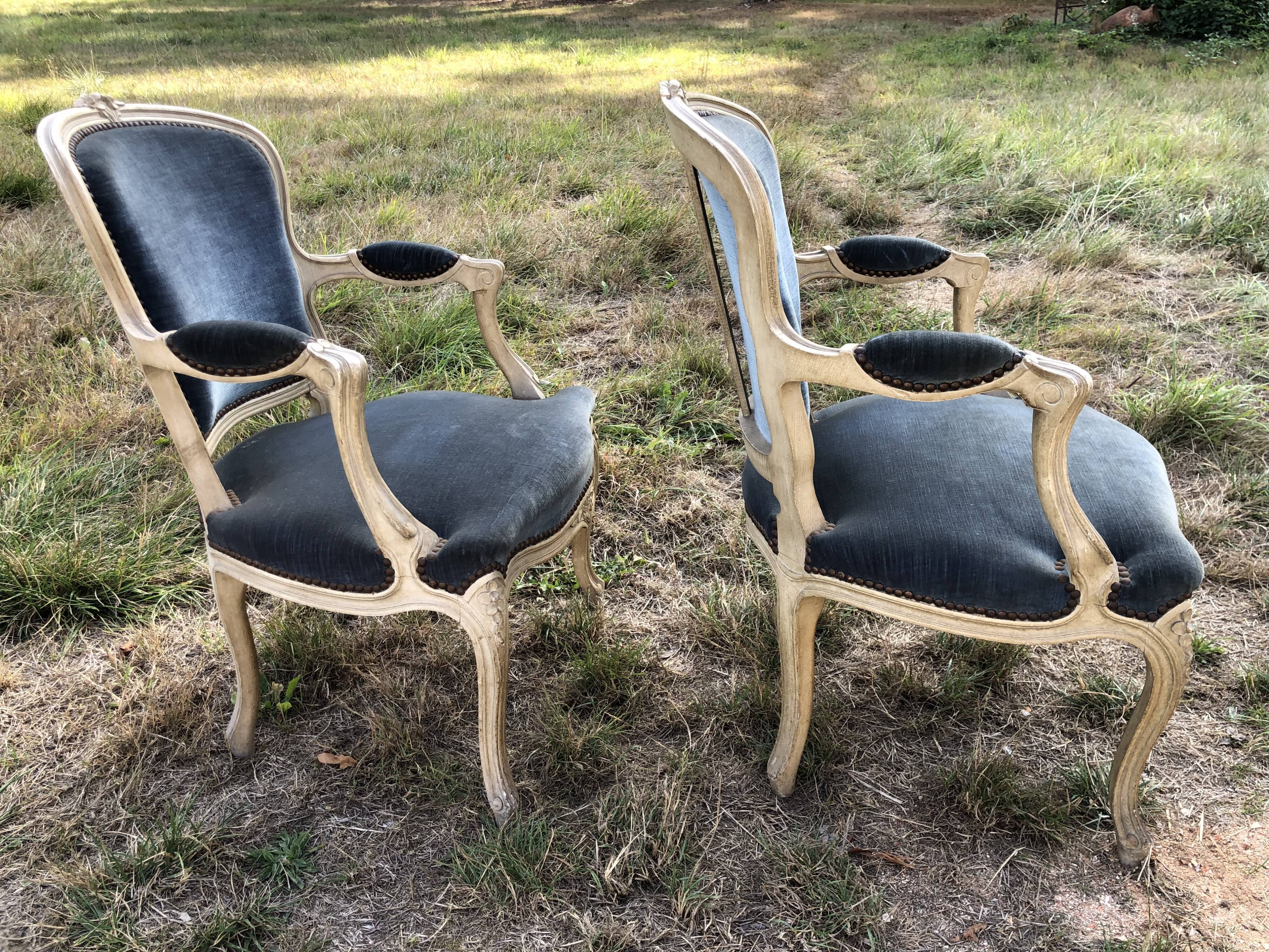 Pair of blue Louis XV style armchairs