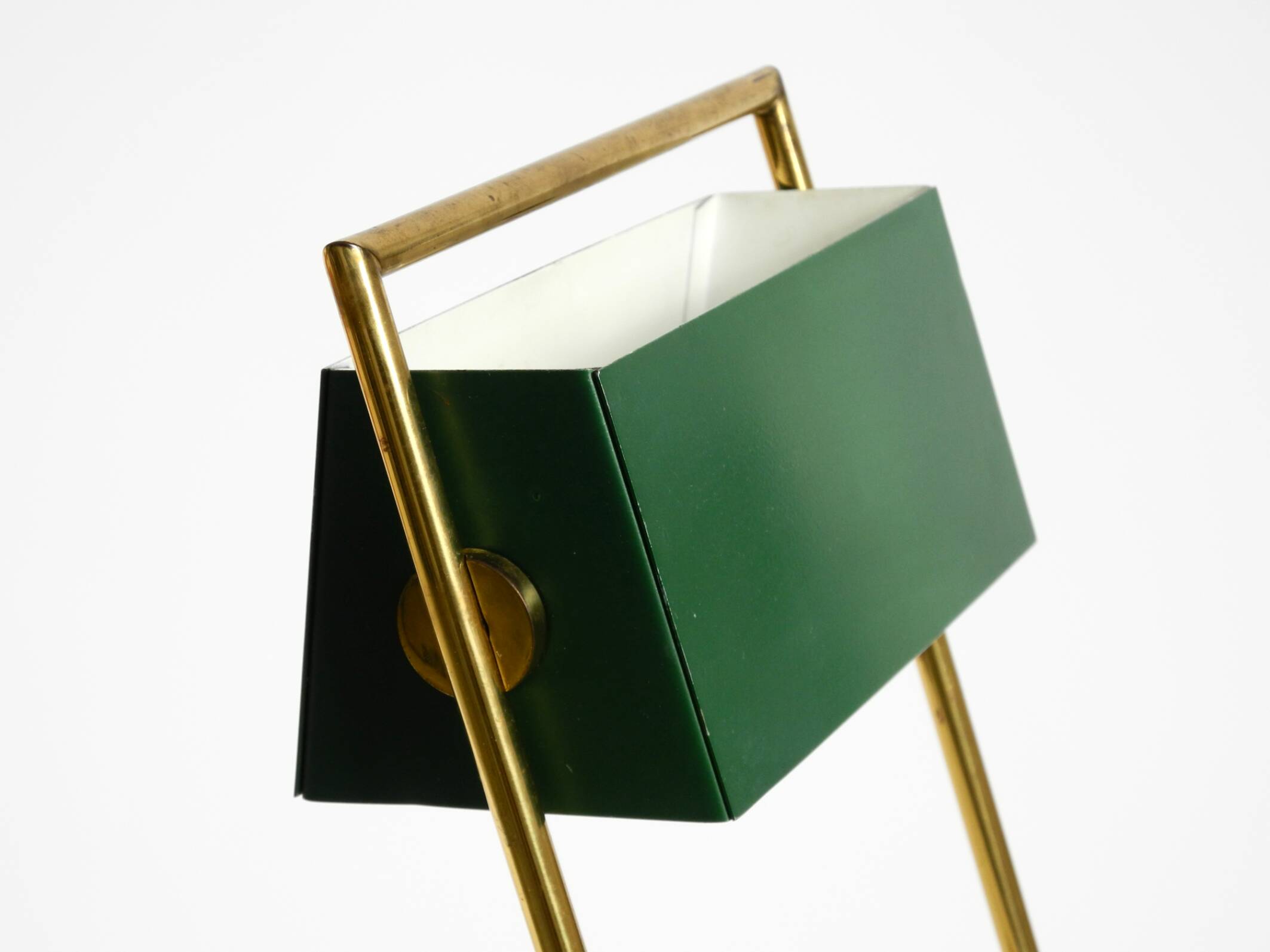 1960s Temde table lamp with a brass frame, teak base, and green lampshade