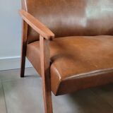 Scandinavian sofa 2 places 60s in wood and imitation leather