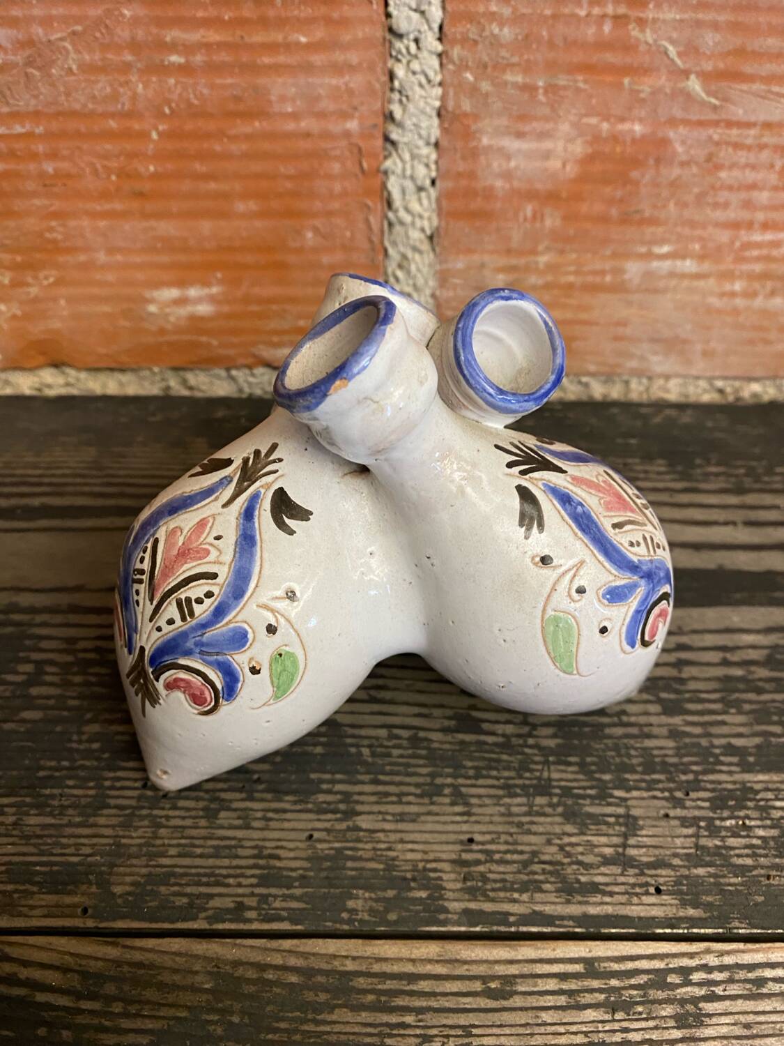 Antique vase with 3 soliflores, chiseled & painted ceramic, vintage