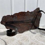 Brutalist coffee table in solid elm and wrought iron, ram's horn legs.