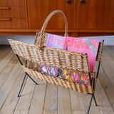Modernist rattan and metal magazine rack 1970