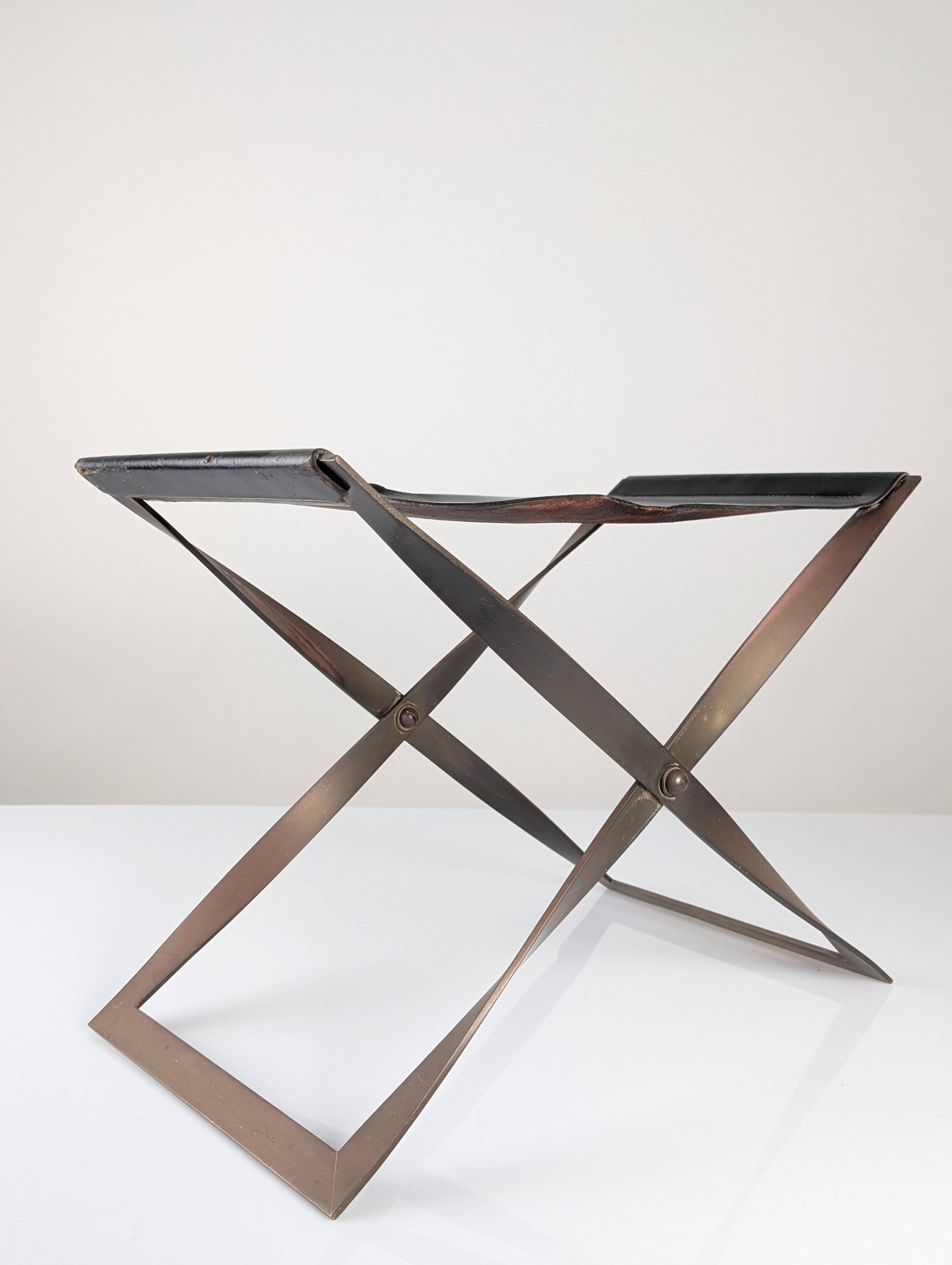 Folding Steel and Leather Stool, Denmark 1960s