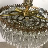 Lustre couronne en laiton doré et papilles en cristal 3 feux 1970