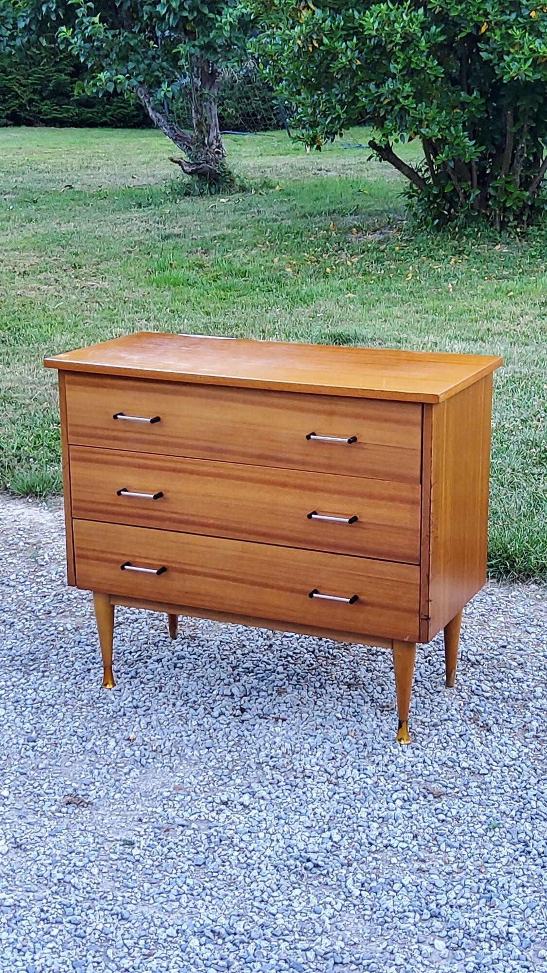 Vintage golden mahogany chest of drawers 3 drawers conical feet from the 60s