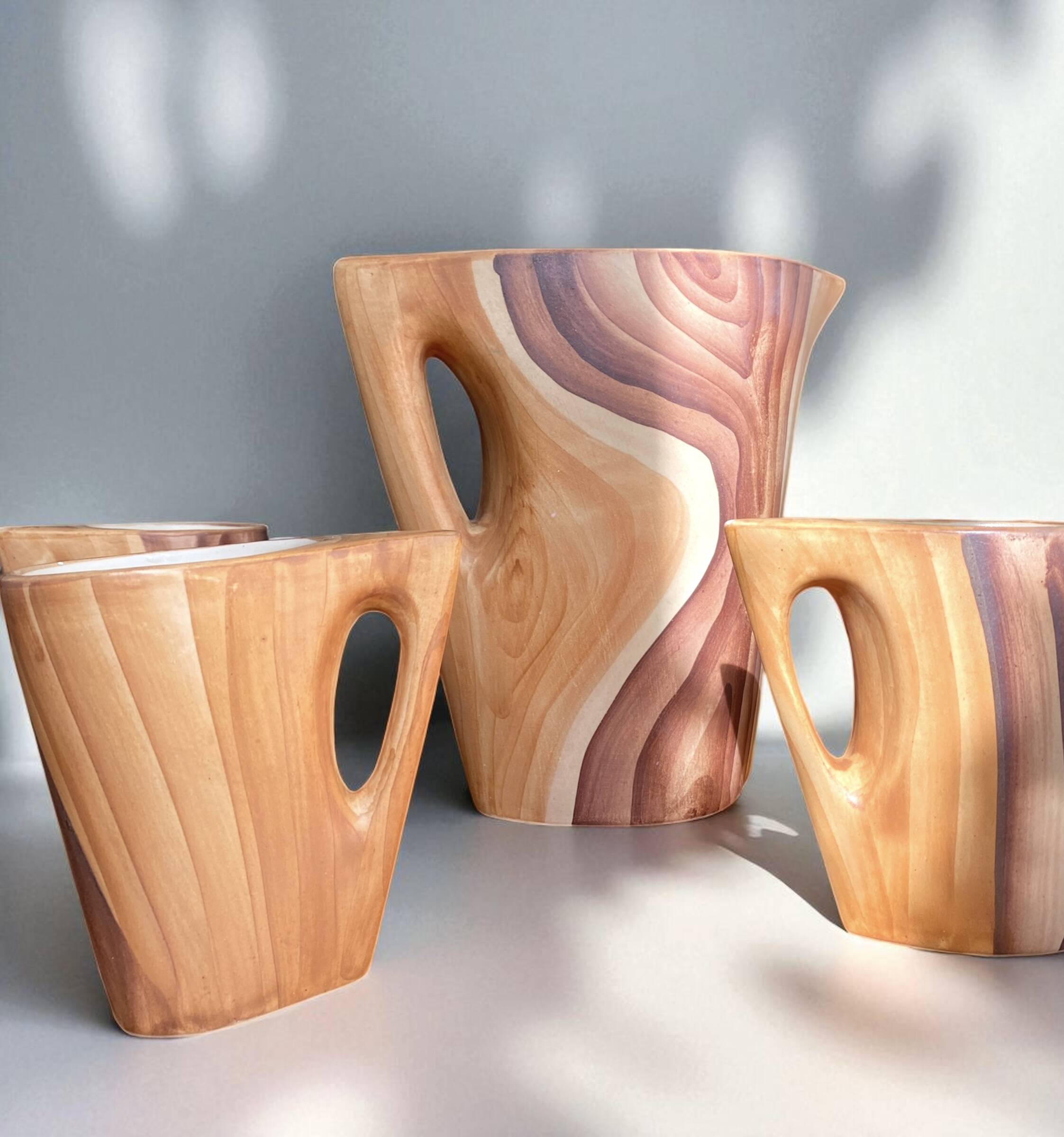 Grandjean Jourdan Vallauris Vintage ceramic faux bois orangeade set