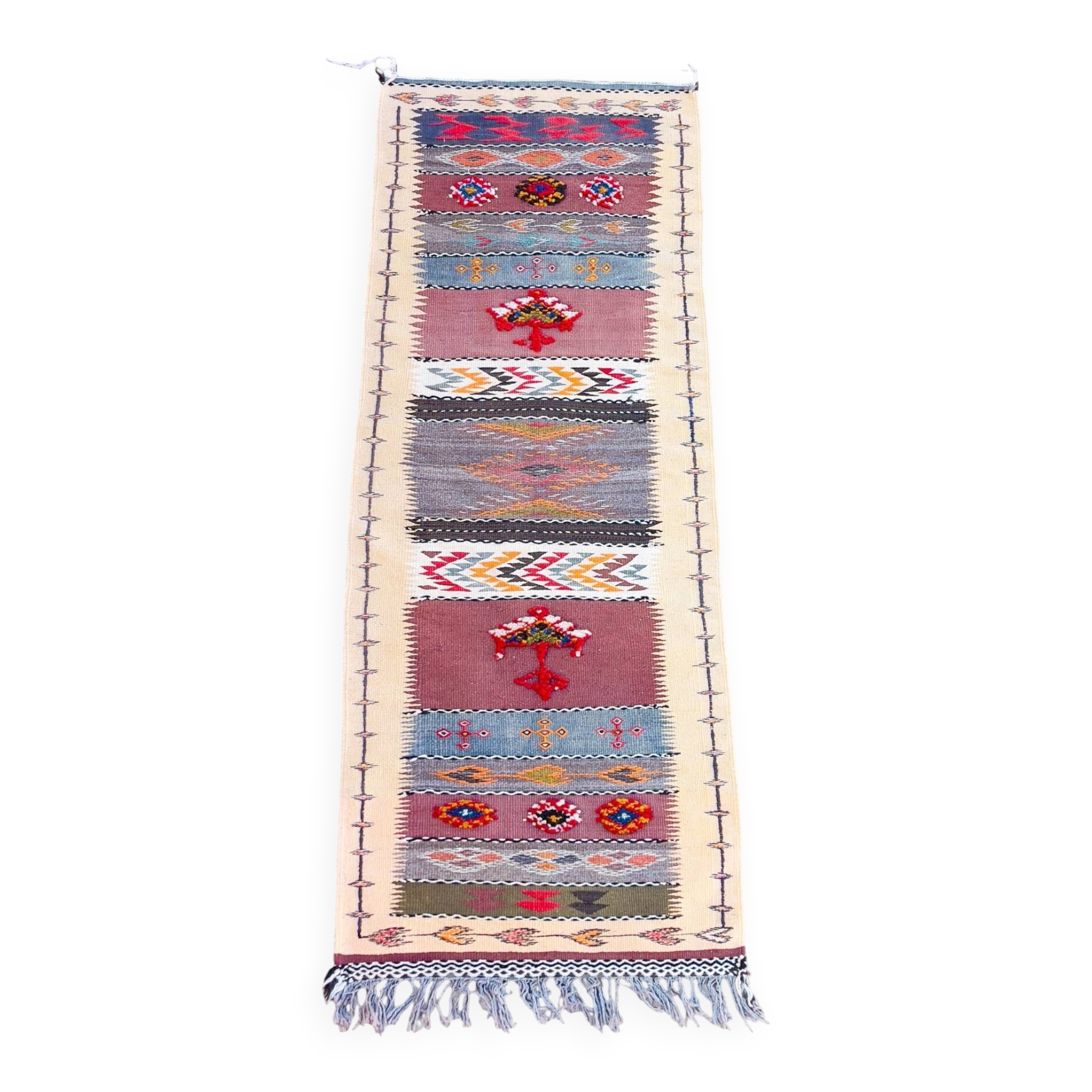 Moroccan kilim rug, handwoven Berber wool hallway rug.